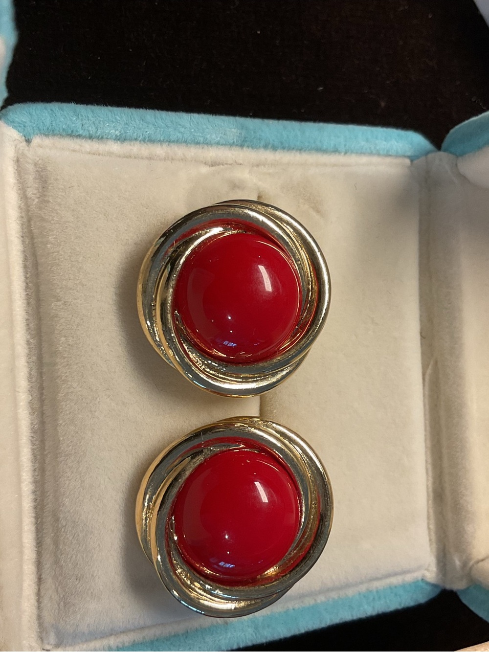 Trifari Gold-Tone Red Dome Clip Earrings